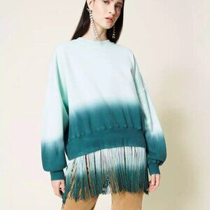 Twinset Milano Sweatshirt Womens XXL Green Ombre Tie-Dye Fringed Top Boho